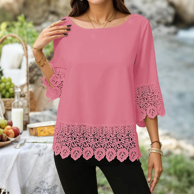 

ZANZEA Женская повседневная блузка с круглым вырезом, рукавами до локтя, свободного кроя, с кружевной вставкой 2XL розовый