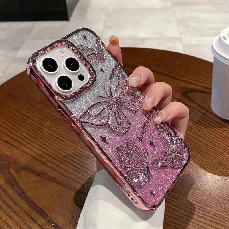 3D Třpytivý Motýlek s Tekutým Pískem Gradientní Pouzdro Pro iPhone 17 16 15 14 13 12 11 Pro Max Plus Air Plating Nárazuvzdorný Kryt