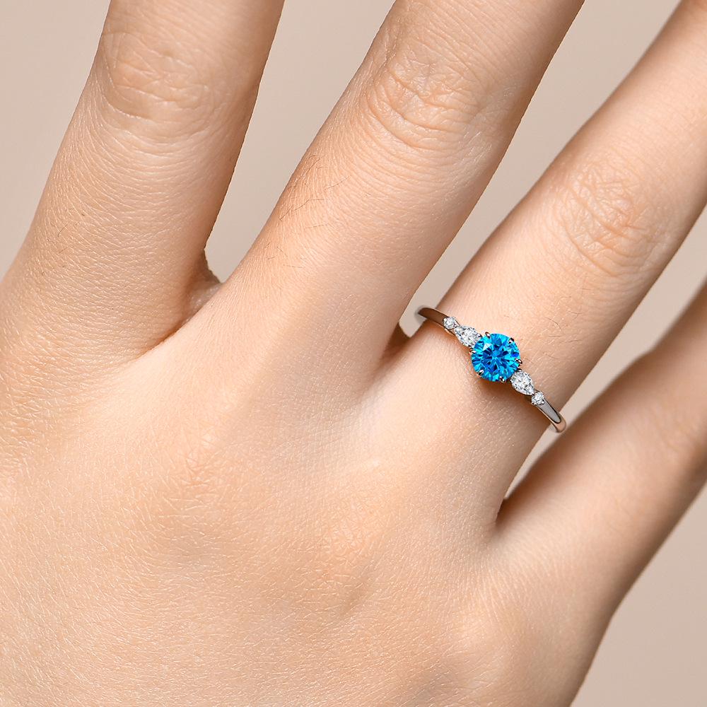 Blue Moissanite and Small Diamond Pave Ring In 925 Silver - Women's Light Luxury Gemstone Index Ring