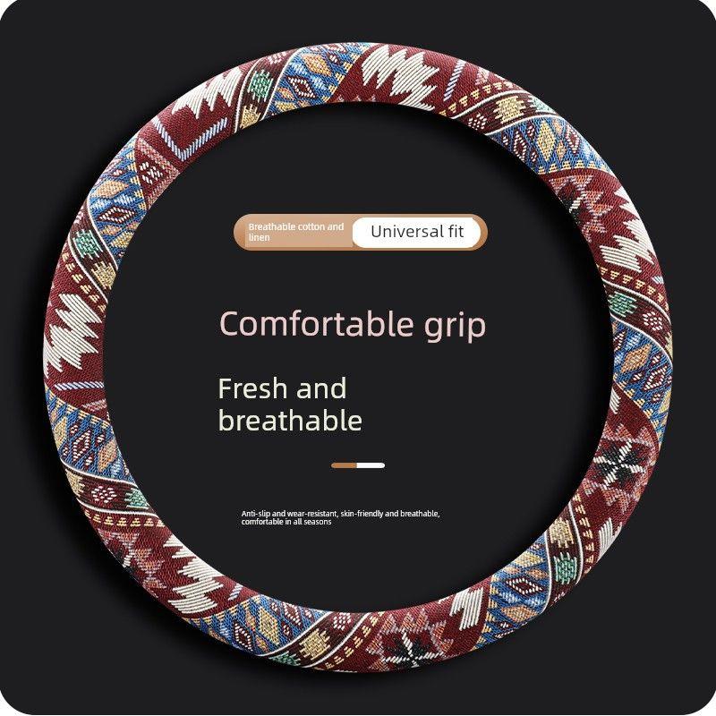 Ethnic Style Cotton and Linen Car Steering Wheel Cover, Universal for All Seasons, Non-Slip Handle Cover, Women's Cartoon Summer Fabric