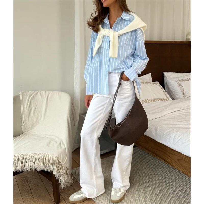 Women's summer striped shirt long-sleeved lapel loose shirt