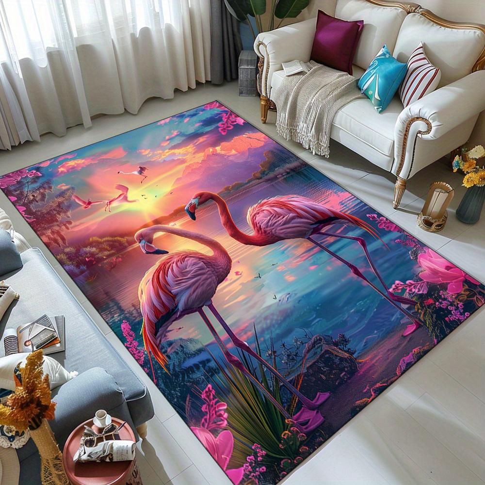 Flamingo Sunset Scene Area Rug - Polyester Soft Crystal Velvet Carpet, Large Size for Living Room, Bedroom, Dining Area, Heavy