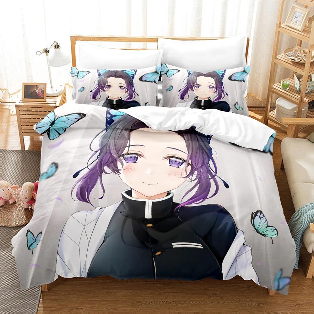 3D Pattern Print Pattern Kochou Shinobu Bed Linen Anime Demon Slayer Bed Ensemble 135x200 Teens Boys Twin Size Single Size Queen Dimension King