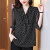 Damen-Chiffonbluse mit Schleife, große Größen, Sommer, halbe Ärmel, V-Ausschnitt, Schwarz, lässiges Oberteil, Pullover, locker, Vintage-Mode