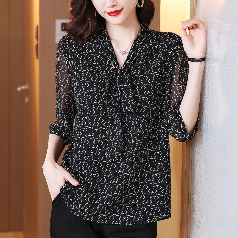 Damen-Chiffonbluse mit Schleife, große Größen, Sommer, halbe Ärmel, V-Ausschnitt, Schwarz, lässiges Oberteil, Pullover, locker, Vintage-Mode
