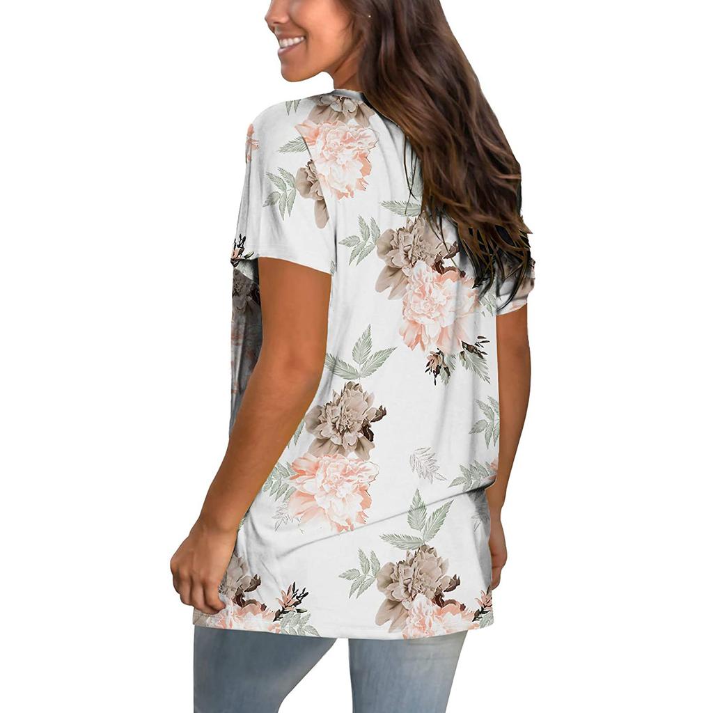 Fashion Women V-neck Printed T-shirt Casual Loose Pullover Short Sleeve Tops