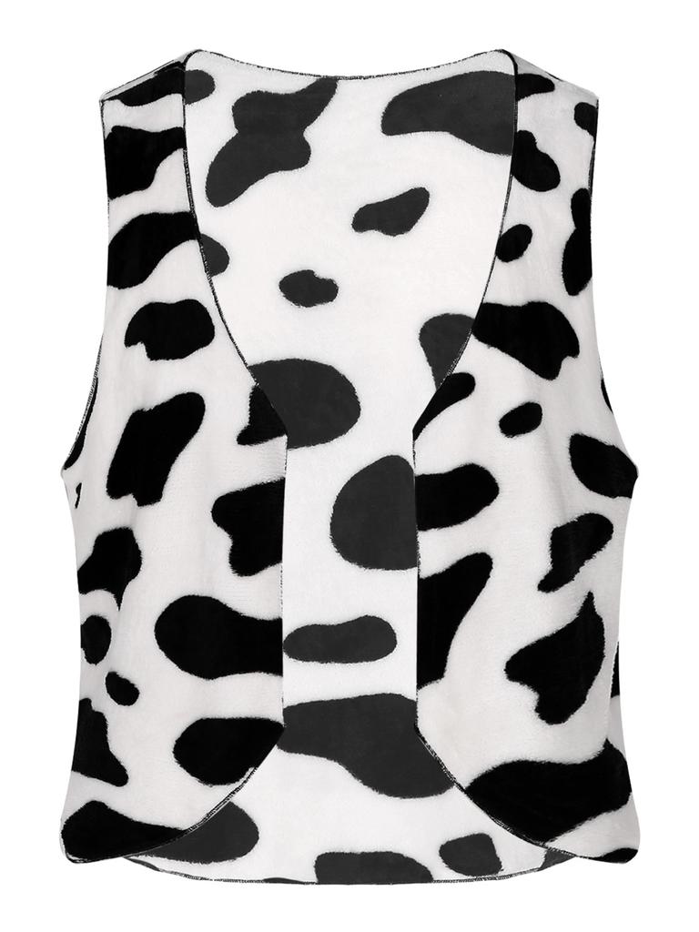 Women Western Cowgirl Halloween Masquerade Party Costume Cow-spot Print Flannel Vest V Neck Open Front Sleeveless Tank Top