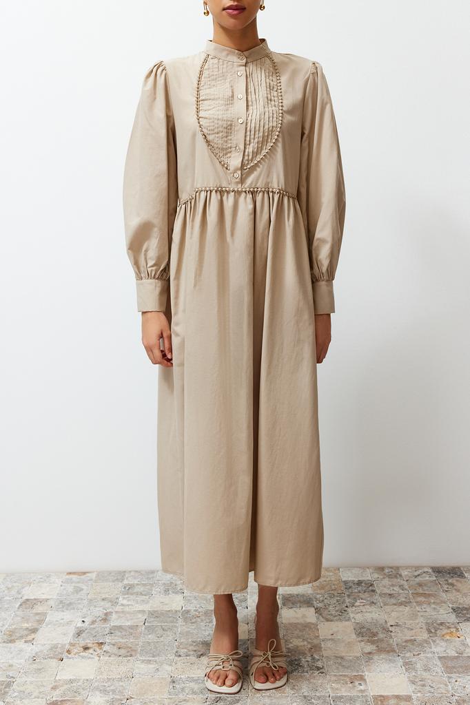 Women's Fashion New Hijab Dress Mink High Collar Balloon Sleeve Button and Piping Detailed Woven Dress