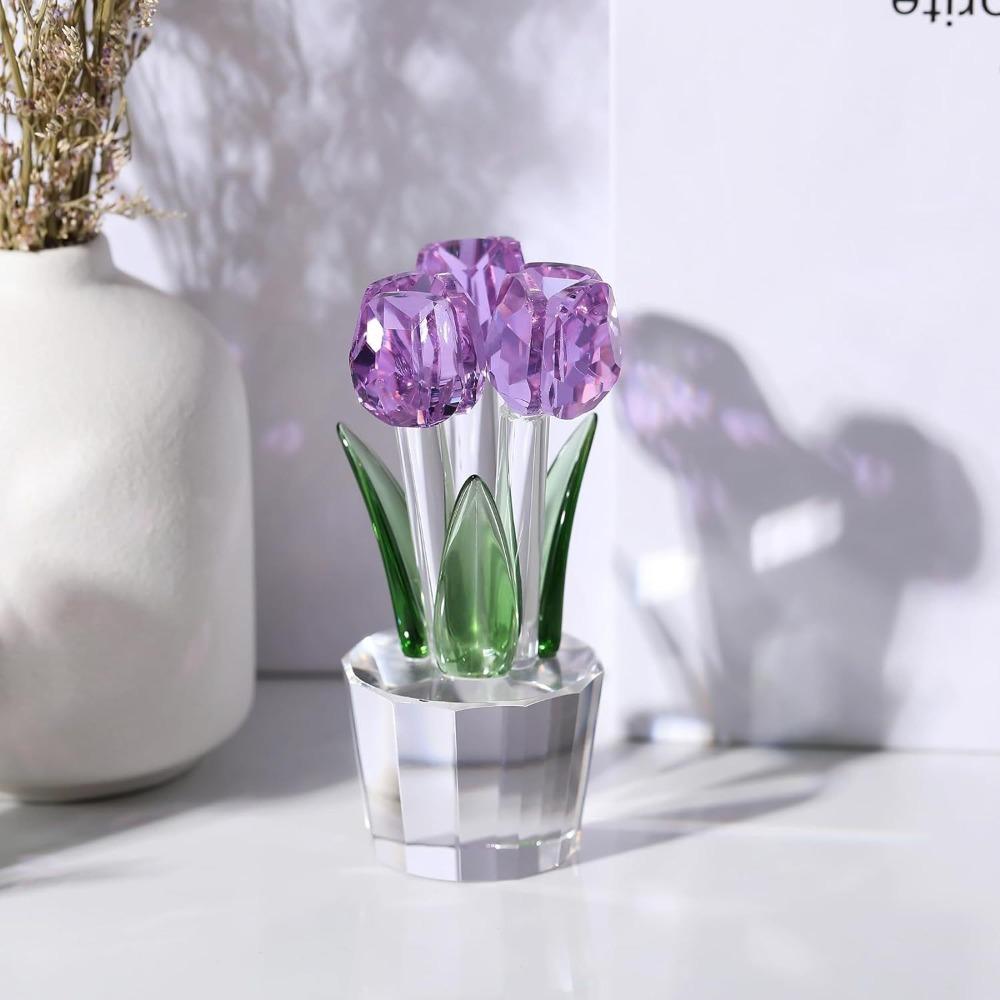 Creative Crystal Tulip Sculpture Colorful Handmade Tulip Bouquet Ornaments Reflect Small Desktop Floral Decorations
