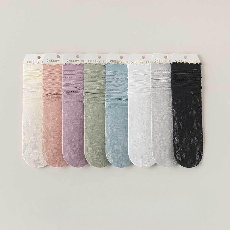 Lace Socks, Women's Hollow Mid-calf Socks, Mesh Sweat-absorbing, Black Fungus Edge Pile Socks, Spring and Summer Thin Style, Versatile, Solid Color