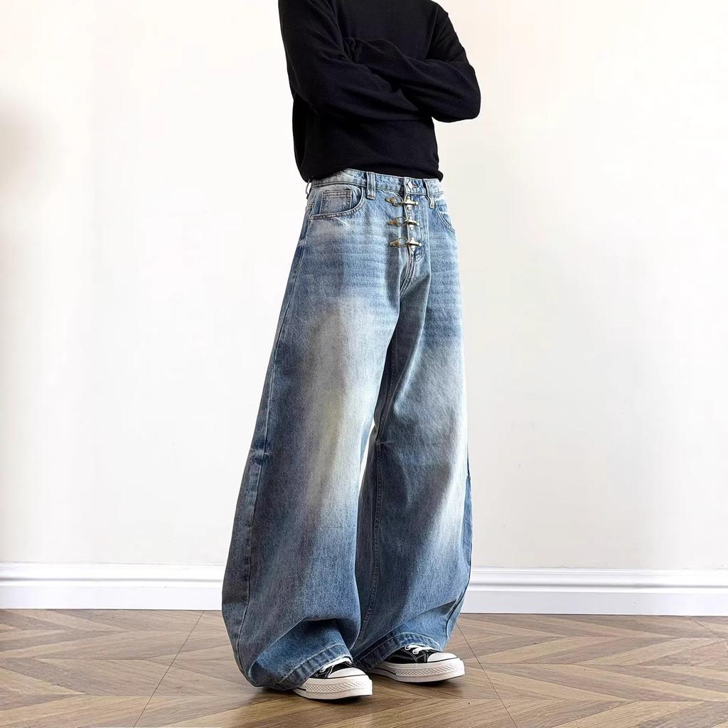 American vintage washed distressed curved knife jeans for men and women, slimming silhouette, loose floor-length wide-leg casual pants