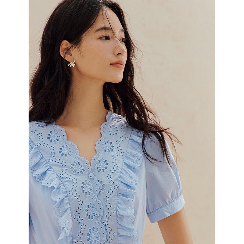 INMAN French Hollow Lace V-Neck Puff Sleeve Dress