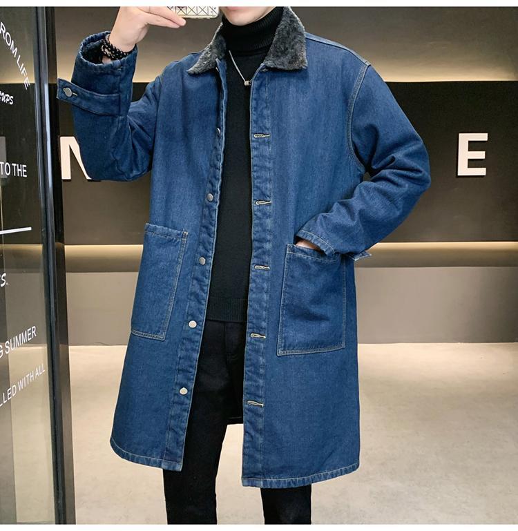 Men's Mid-Length Denim Trench Coat with Lamb Wool Lining - Winter Plus Size Loose Fit