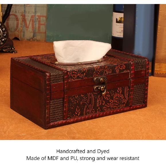 Tissue Box,Classical Retro Wooden Antique Tissue Box,Rectangular Facial Tissue Box Holder Dispenser Paper Cover Case Napkin Holder Antique Leather