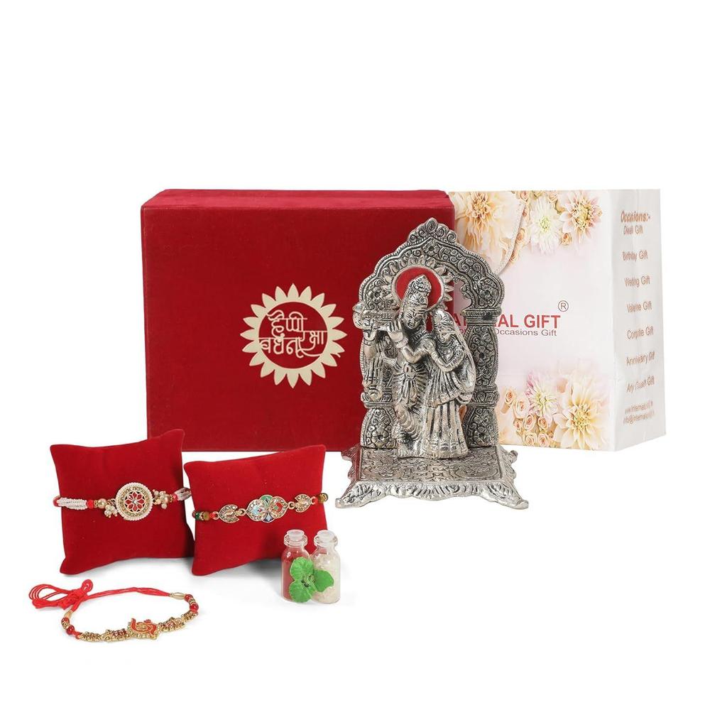 Silver Radha Krishna Chowki | Roli Tika Chawal | 2 Piece Rakhi | Raksha Bandhan Printed Box