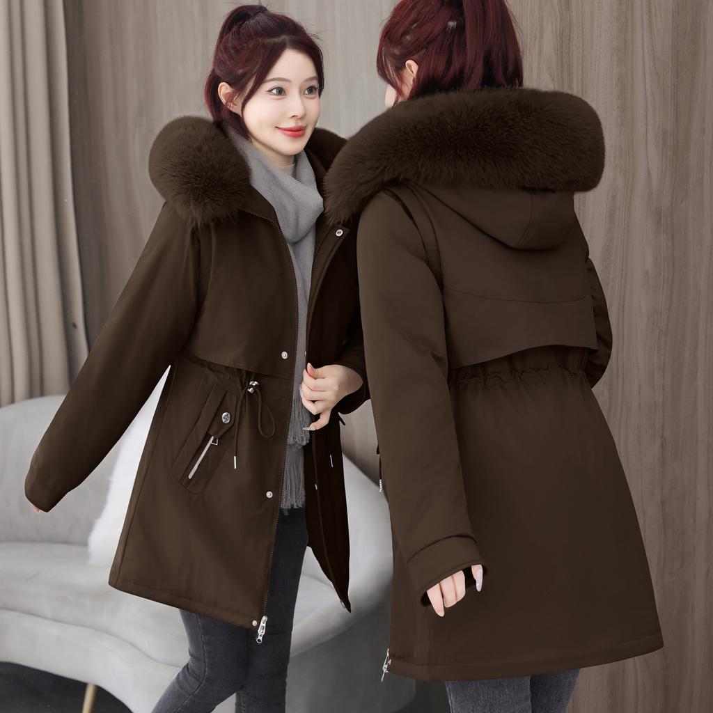 Parker New Women's Korean Style Mid-length Slim Cotton Coat Winter Plus Velvet Large Fur Collar Coat for Women