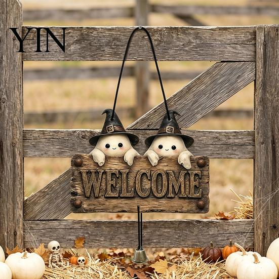 Rustic Skull Wall Decor Halloween Wooden Welcome Hanging Sign, Vintage Farmhouse Door Hanger with Skeleton Pumpkin Country Style Holiday Ornament