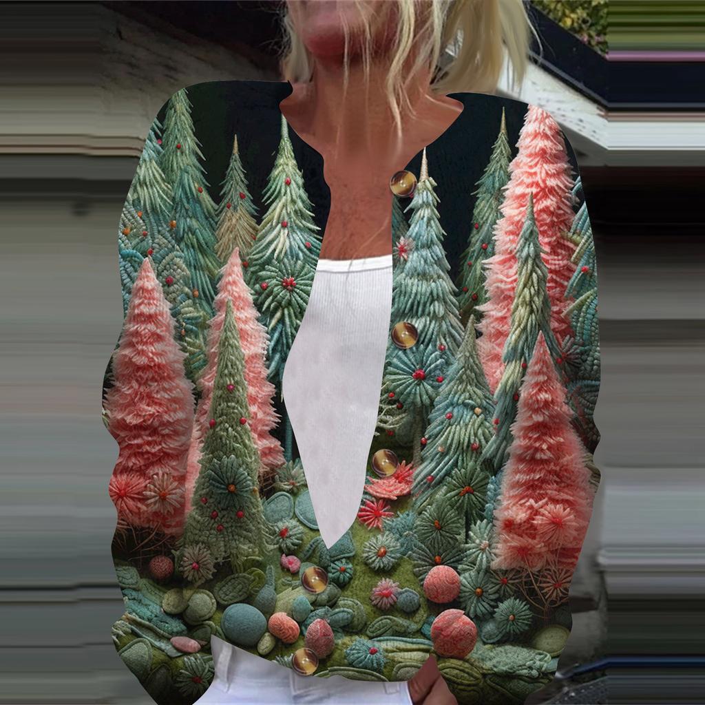 Women's Fashion Printed Long Sleeve Knitted Cardigan Button Down Jacket