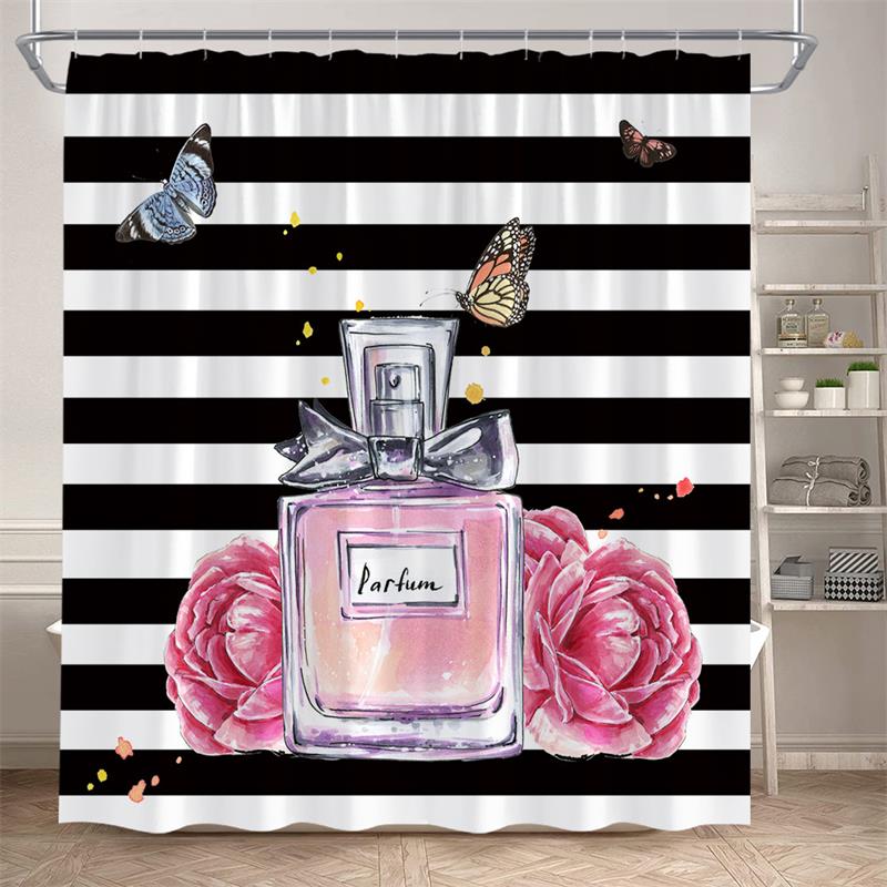 Floral Perfume Shower Curtains Pink Flower Butterfly Red High Heel Black White Stripe Fashion bath Curtain Fabric Bathroom Decor