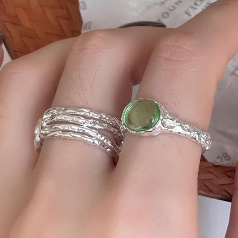 BFCLUB Silver Color Rings for Women Simple Geometric Handmade Irregular Retro Ring Green Stone Allergy For Birthday Gift