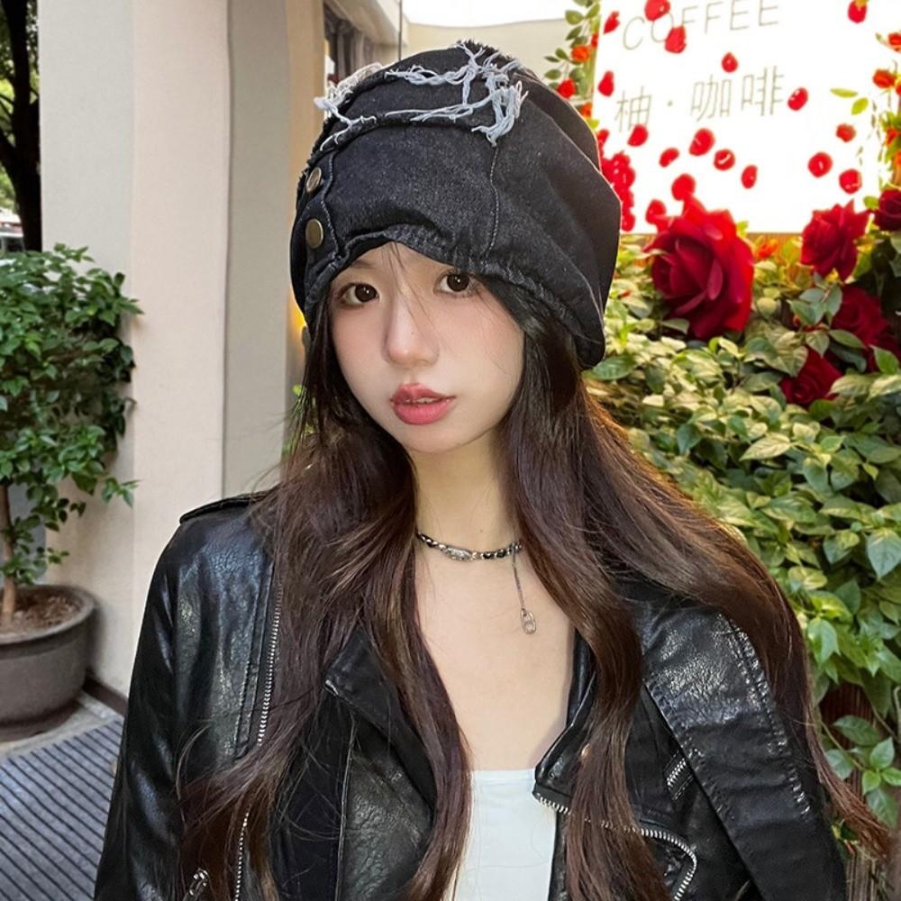 Vintage Distress Denim Pullover Cap Korean Style Loose Beret Fashion Washed Denim Beanie  Unisex