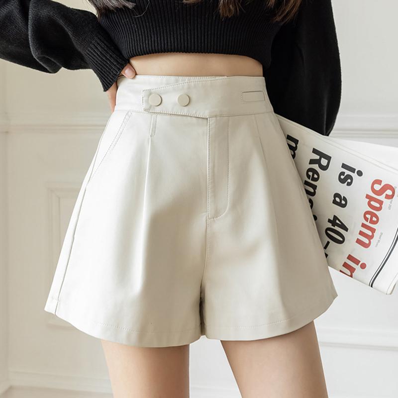 Shorts Women's Casual High Waist Leather Pants Loose Slit Slim A-line Wide-leg Pants