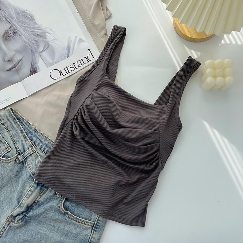 Korean Ruffled Spaghetti Strap Women's Tank with Chest Pads - Sexy Backless Slimming Base Layer