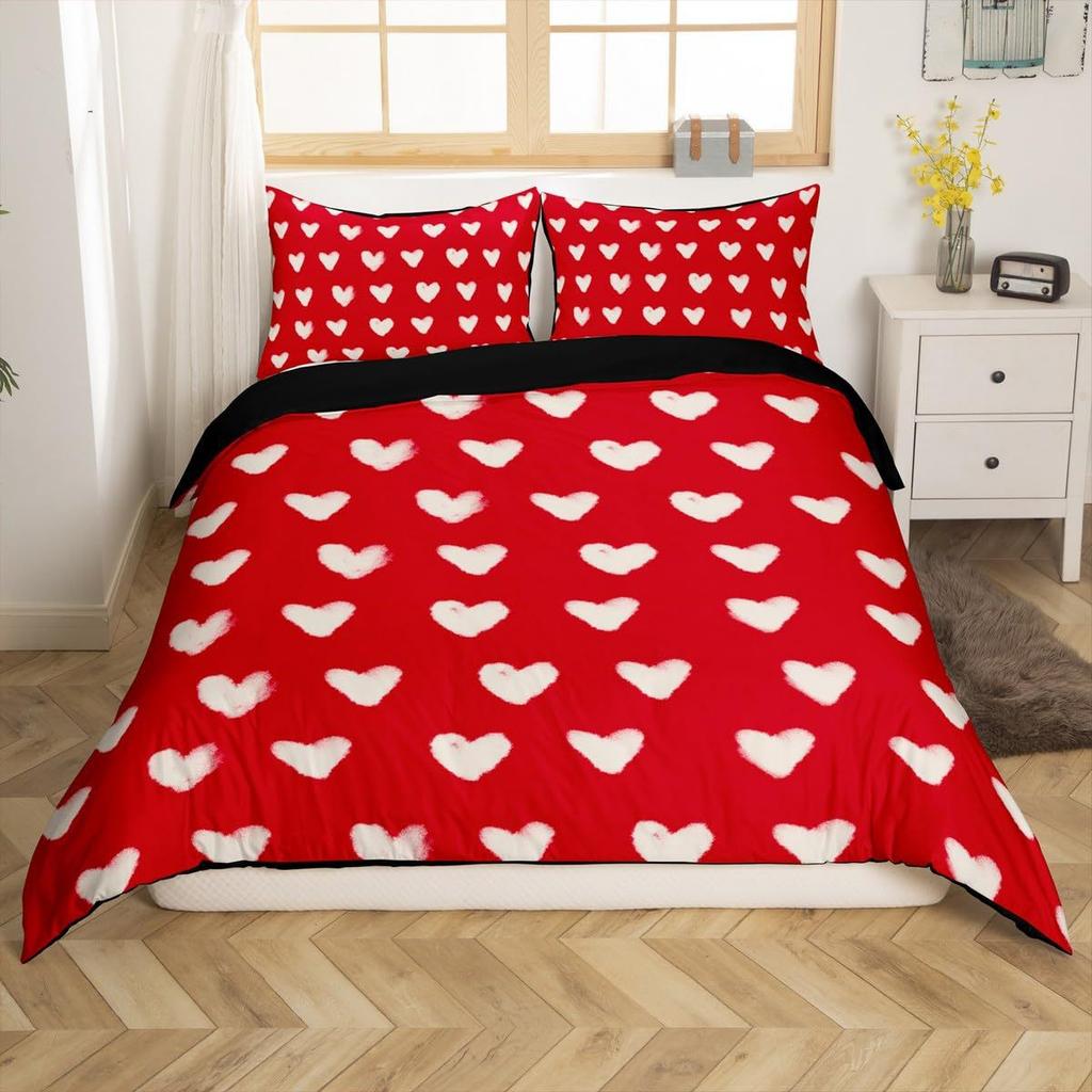 3 Pieces Bedding Set With Zipper Closure Red Heart Duvet Cover Queen Love Heart Pattern White Comforter Covers Set Cute Print