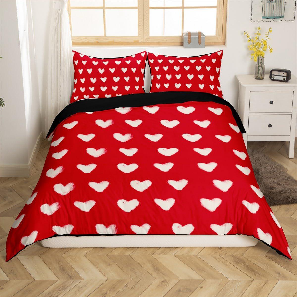 

Набір постільної білизни з 3 предметів із застібкою-блискавкою Червоне серце Підодія Королева Візерунок Серце кохання Білий Набір чохлів для ковдри Милий принт 140x200cm 3pcs