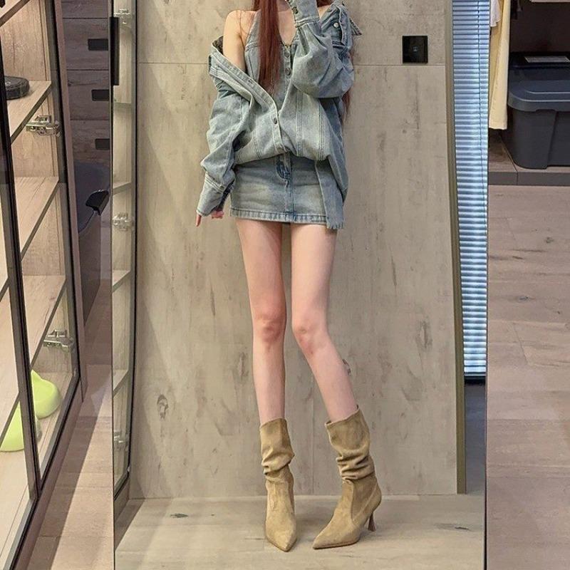 Fashion Suede Pleated Stack Boots Pointed Toe High Heel Skinny Boots Women's Autumn/Winter 2025 Retro Stiletto Mid-Leg Boots