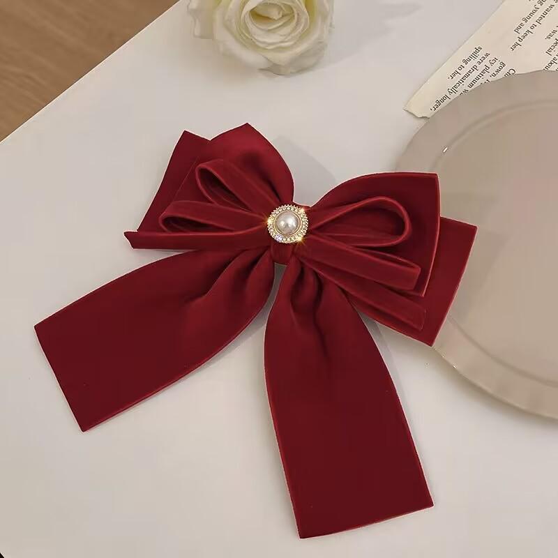 Velvet Bow Pearl Inlaid Hair Clip: Japanese & Korean Style