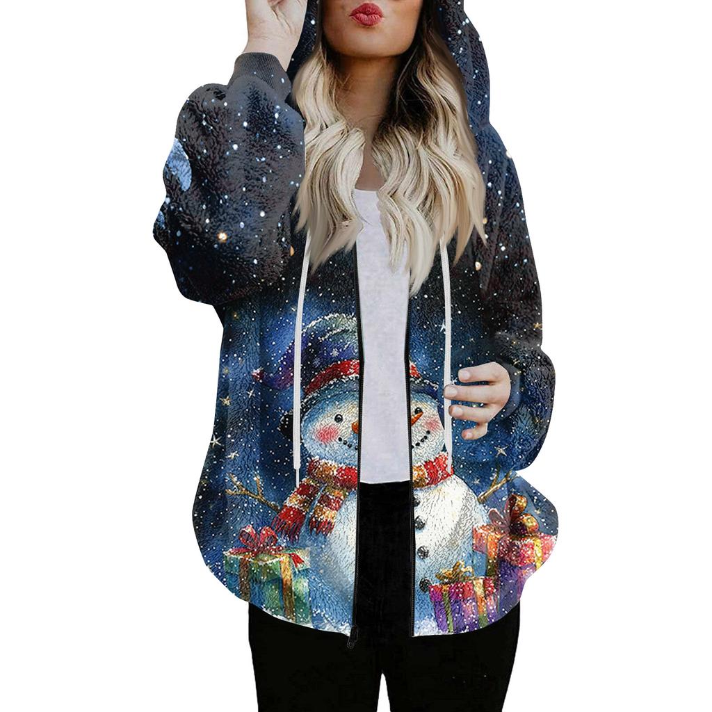 Women's Fashionable Casual Zippered Hooded Christmas Print Drawstring Furry Sweatshirt Jacket