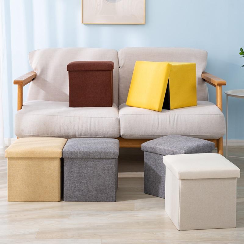 Multi-functional Solid Color Linen Folding Storage Stool, Home Shoe Storage Bench for Living Room & Entryway
