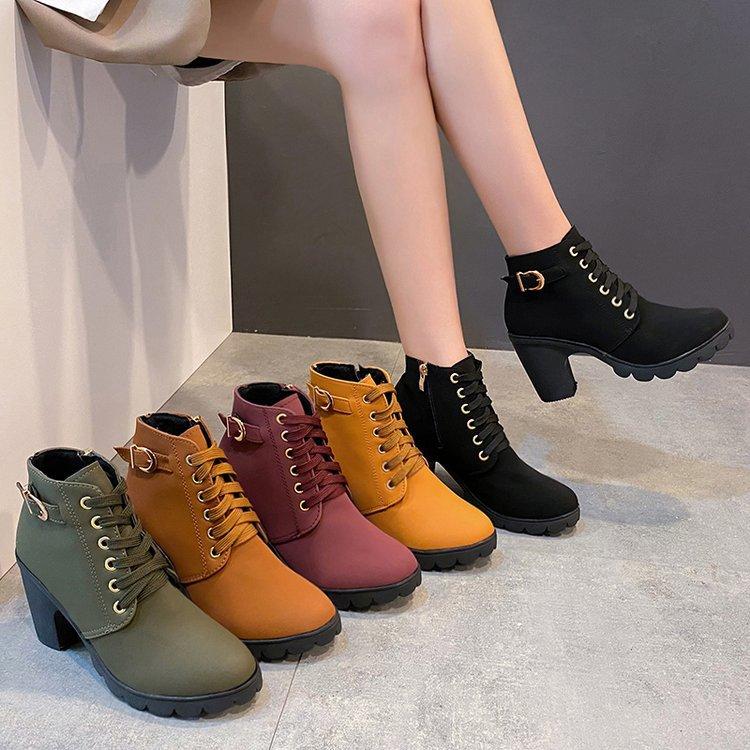 

New Fashion Belt Buckle Women s Shoes Thick Heel Short Boots Round Head Women s Lace up Knight Boots