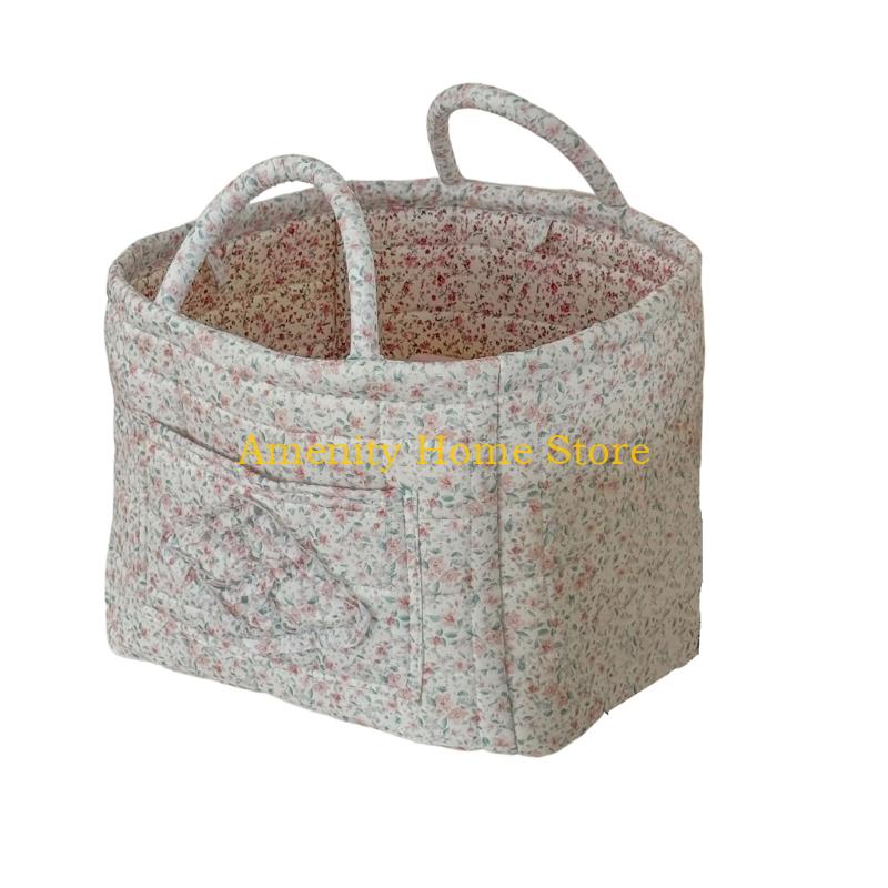 F26C Floral Pattern Quilted Cotton Storage Basket Foldable Lightweight with Handles for Home Laundry Toy Organization