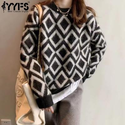 Women's Fashion Casual Fall Winter Rhombus Print Long Sleeve O-Neck Sweaters
