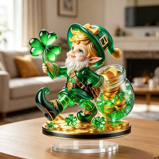 Yousheng 2Pcs Gnome Clover Ornaments, 2D Acrylic St. Patrick Day Ornament with Base, Shamrock Irish Table Centerpiece for Festive Holiday Desktop