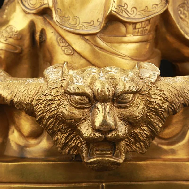16" Chinese Brass Dragon Guangong Guanyu Sword Read Books Tiger Head Seat Statue