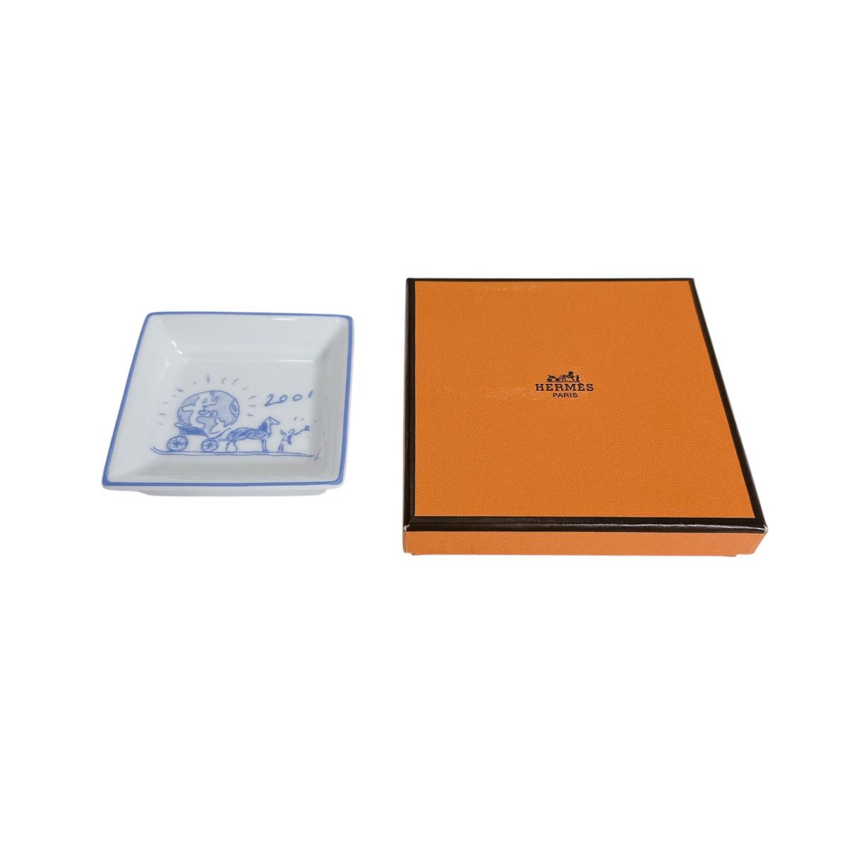 HERMES Square With Box Tableware Cheval the carriage Pottery white Storage box Used