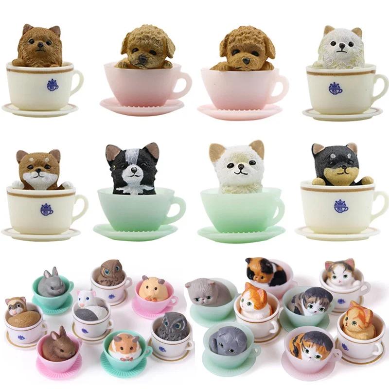 Simulation Teacup Cat and Dog Mini Animal Model Miniature Landscape Decoration Bonsai Decoration Gift Toy Cake Decoration Figure