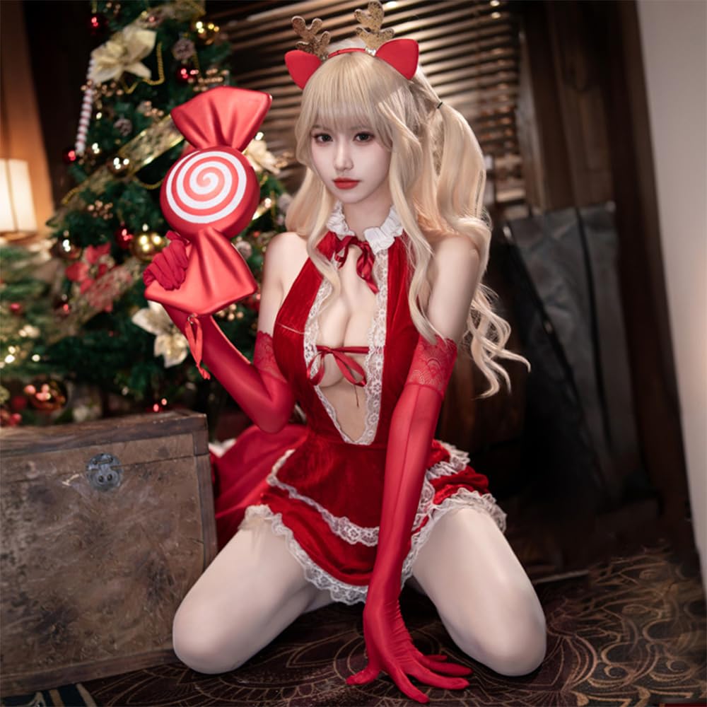 Christmas Reindeer Costume Santa Sexy Lingerie Babydoll for Women Open Chest Bow Tie Extreme Disguise Sleeveless Off Shoulder Costume Outfit Cute Moe