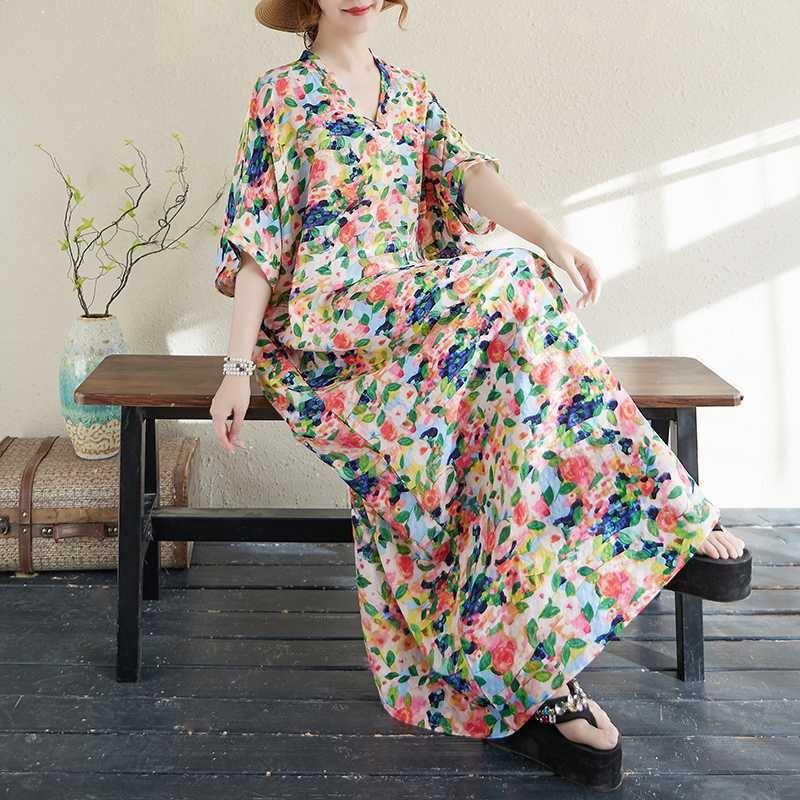 Women's Summer Floral Neck Boho Maxi Dress Breathable Cotton-Linen Vacation Dress for Travel