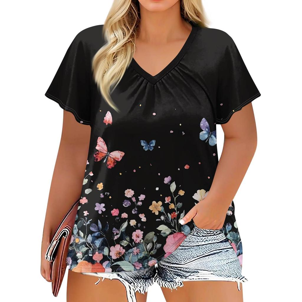 Women's Fashion Casual Printed  V-Neck Short Sleeve Large Size T-Shirt Top