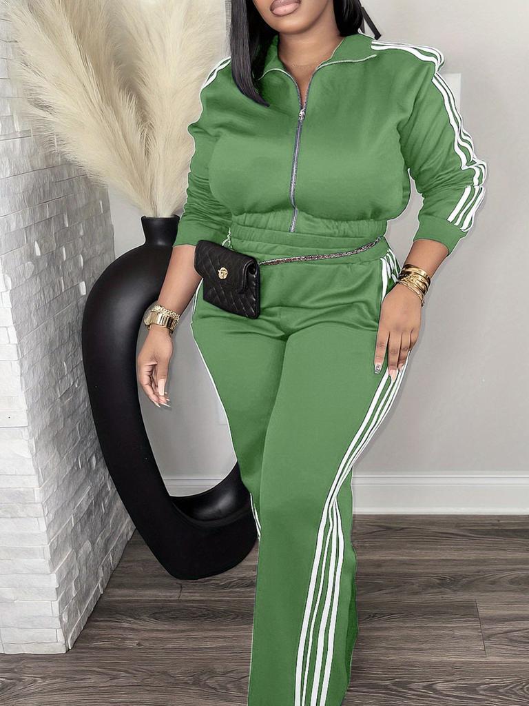 Women's Zip Front Hoodie and Side Stripe Pants Tracksuit Set