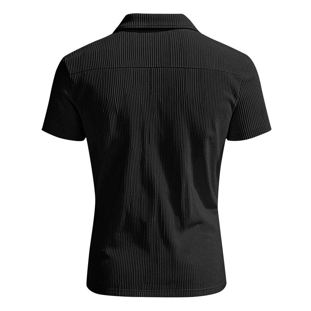 Men's Summer Solid Color Zipper Pocket Lapel Loose Short Sleeve Top