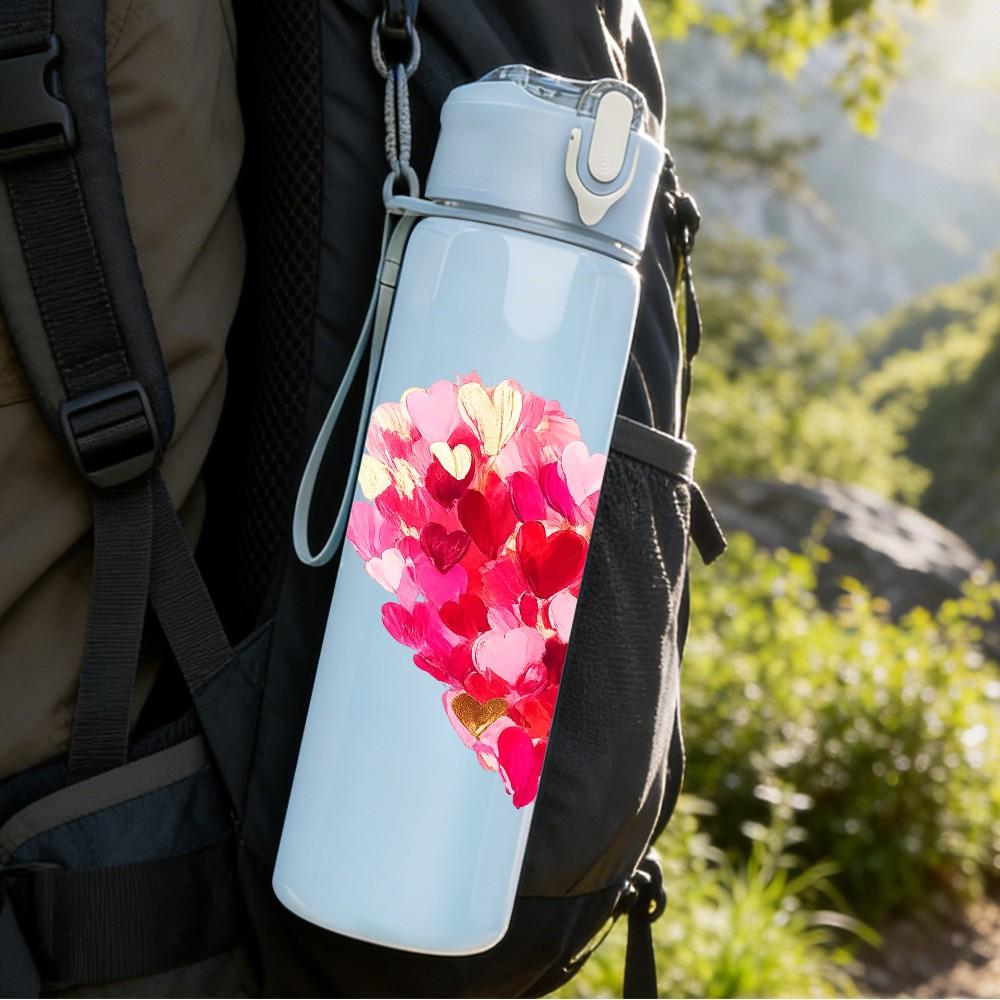 1PC Red Glitter Heart Love Art Print 750ml Color Plastic Sports Water Bottle Leakproof Flip Straw Lid Suitable for Sports Office Home Use