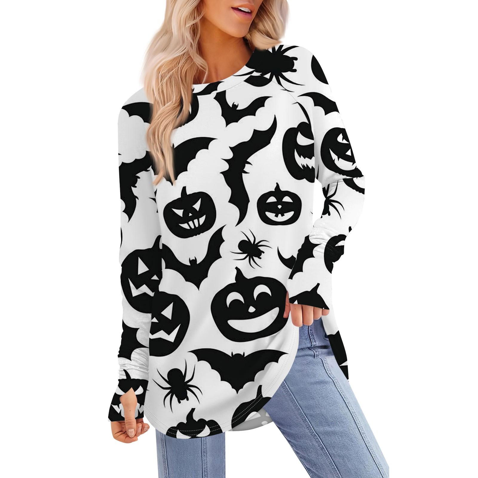 

Женская футболка с принтом Хэллоуина, с круглым вырезом, свободная, с длинным рукавом, средней длины, с отсутствующим большим пальцем M белый
