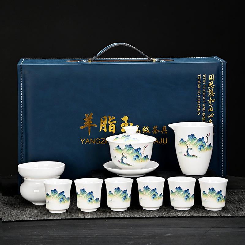 High-grade suet jade white porcelain, kung fu jade porcelain cover bowl tea set, Dehua ceramic gift box, gift set, souvenir gift