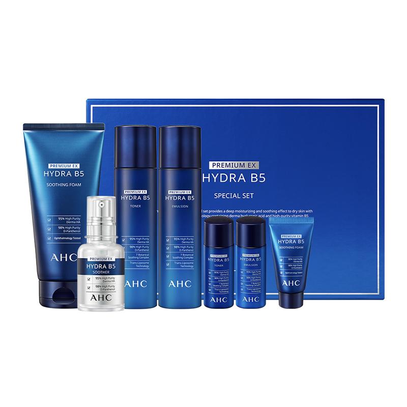 AHC Premium EX Hydra B5 Full Skincare Gift Set, Cleanser+Toner+Emulsion+Serum+Mini Travel Kit, Hyaluronic Acid Soothing Hydrating Facial Kit
