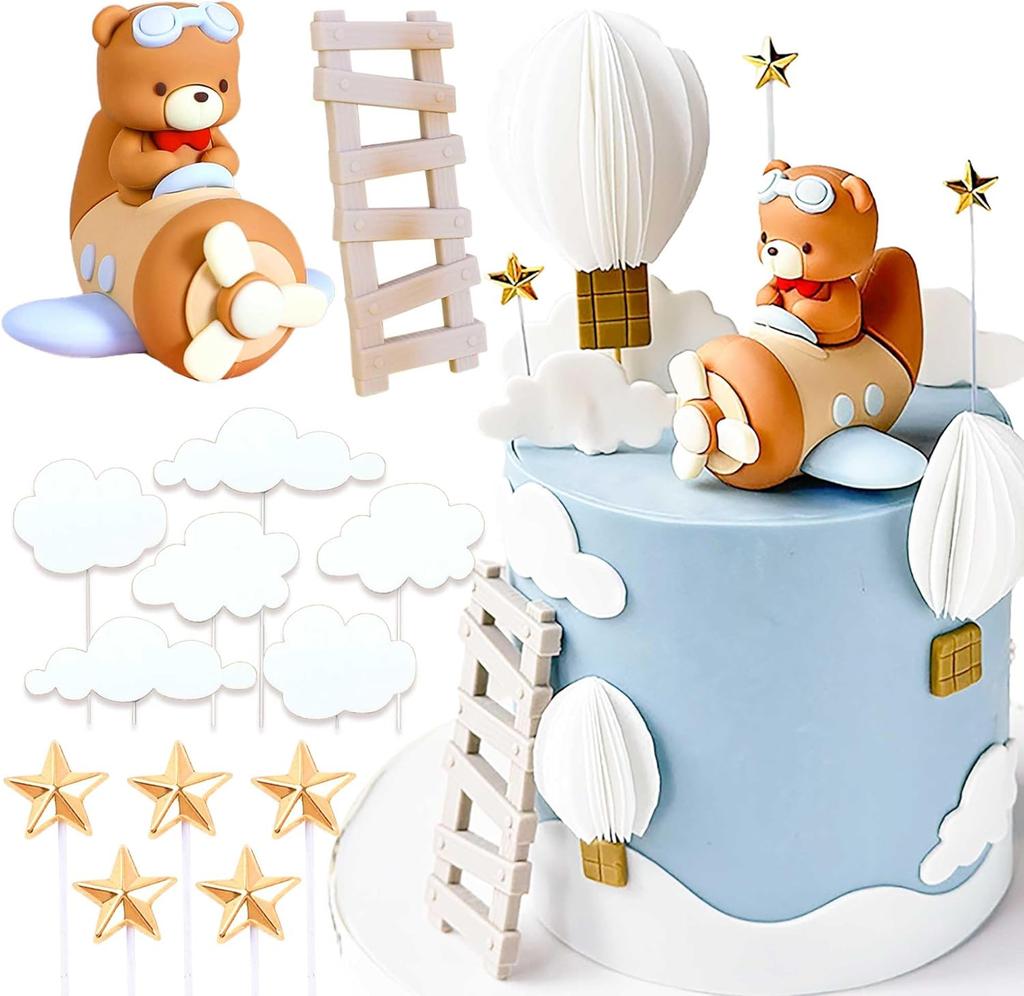 Airplane Bear Cake Topper - Plane Bear Cake Decorations for Time Flies 1st Birthday, Baby Shower Boy's Birthday Party
